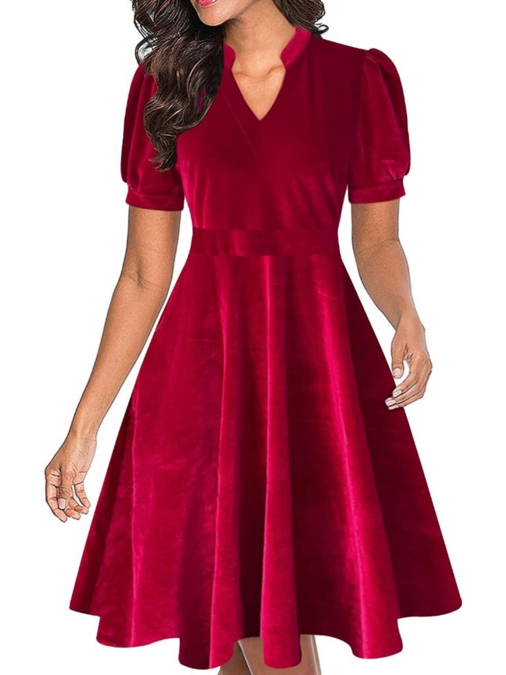 Women's Wine Red Velvet Fit & Flare Midi Dress Puff Sleeve with Pockets